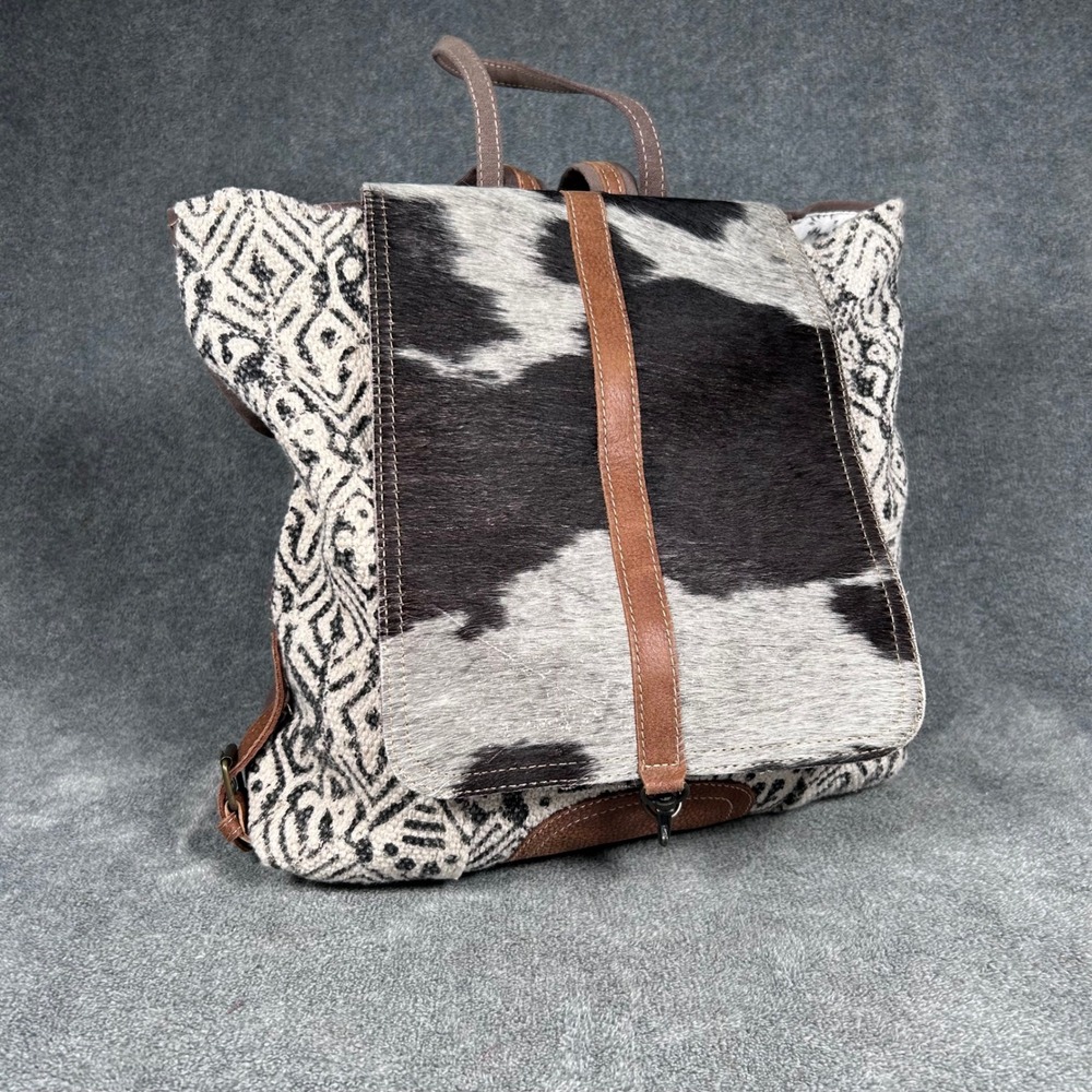Myra Bag Cowhide Canvas Backpack Brown Geometric Hair On Hide Leather Trim